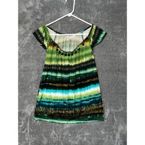 CATO Top Large L Green Pattern Blouse Ruffled Cap Sleeves Beaded Round Collar